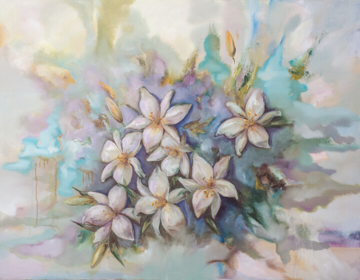 Painting titled "Lilas" by Aksana Chmel, Original Artwork, Oil Mounted on Wood Stretcher frame