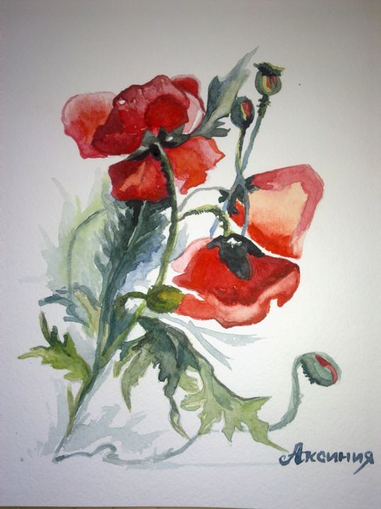 Painting titled "Красные Маки" by Ksenia Ulyanova, Original Artwork, Watercolor