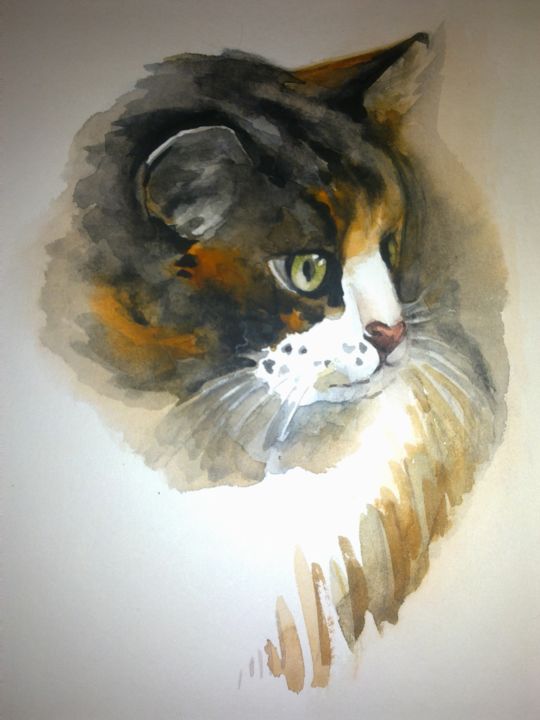 Painting titled "Кот Любимчик" by Ksenia Ulyanova, Original Artwork, Watercolor