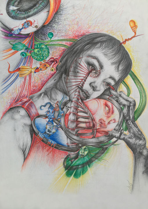 Dessin intitulée "Eisoptrophobia" par Alaa Misto, Œuvre d'art originale, Crayon