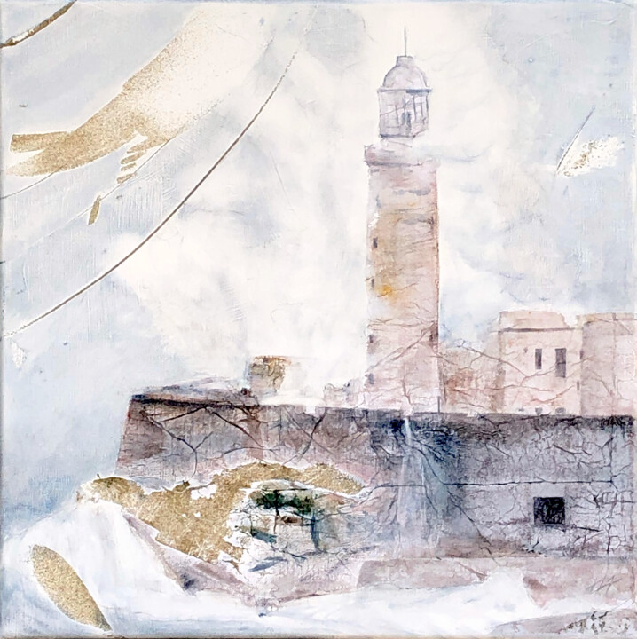 Painting titled "Le phare El Morro à…" by Alain Abramatic, Original Artwork, Oil Mounted on Wood Stretcher frame