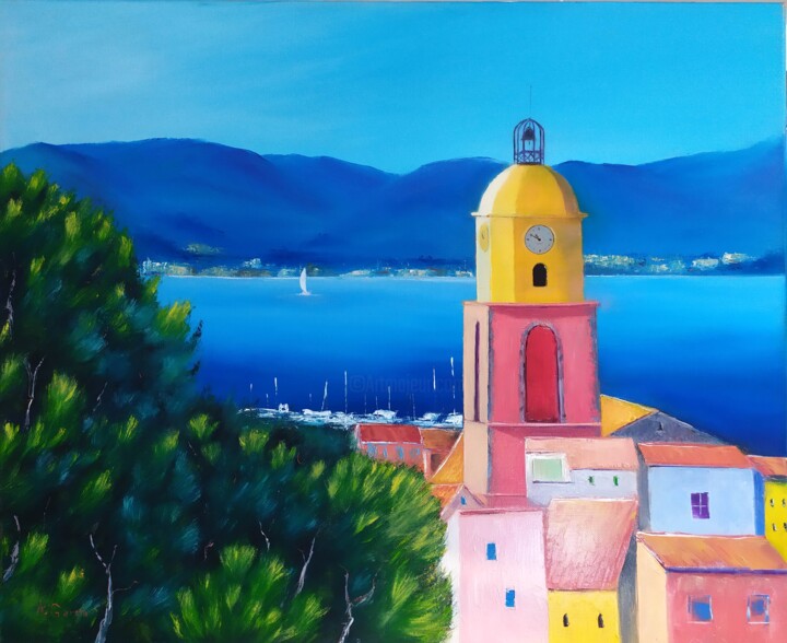 Painting titled "Vue sur St Tropez" by Alain Garcia, Original Artwork, Oil Mounted on Wood Stretcher frame