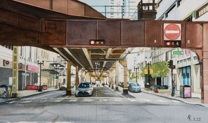 「Les rues de Chicago…」というタイトルの絵画 Alain Retiereによって, オリジナルのアートワーク, 水彩画