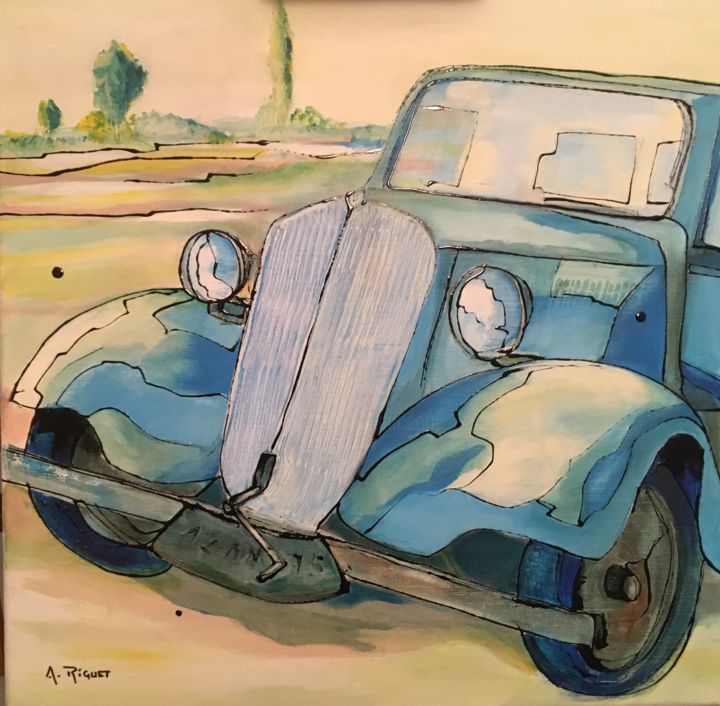 Schilderij getiteld "Epave voiture bleue" door Alain Riguet, Origineel Kunstwerk, Acryl