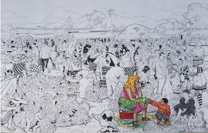 Drawing titled "The market" by Alain Wankwini, Original Artwork, Gel pen