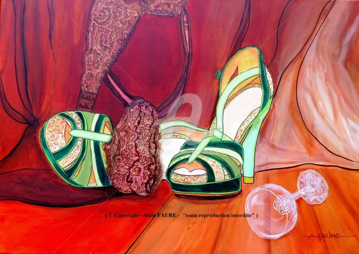 Peinture intitulée "LES SOULIERS VERTS" par Alain Faure, Œuvre d'art originale, Acrylique Monté sur Châssis en bois