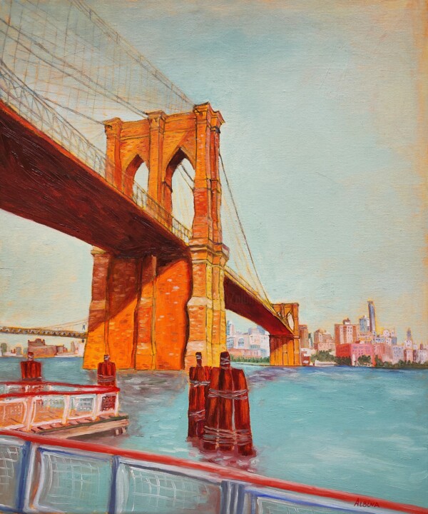 Painting titled "Brooklyn Bridge" by Albina Urbanek, Original Artwork, Oil Mounted on Wood Stretcher frame