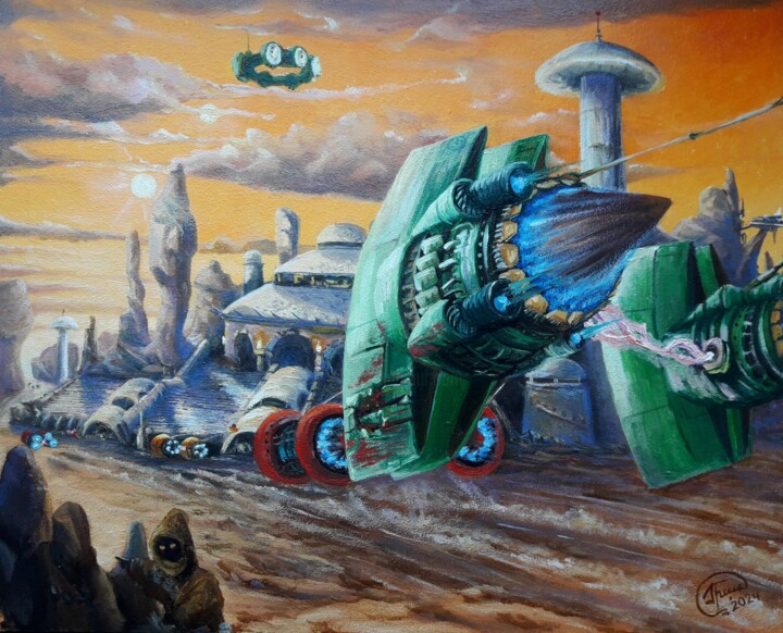 Painting titled "Race on Tatooine" by Aleksandr Gritsenko, Original Artwork, Oil