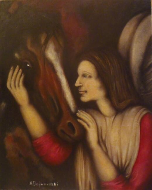 Painting titled "Angel and a brown h…" by Aleksandra Dejanovski, Original Artwork, Oil