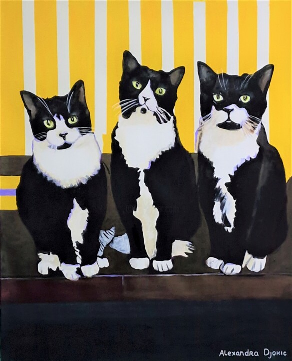 Pittura intitolato "Three cats / 84 x 7…" da Alexandra Djokic, Opera d'arte originale, Acrilico