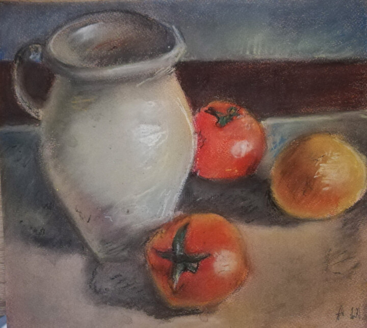 Painting titled "Wazon i pomidory" by Aleksandra W, Original Artwork, Pastel