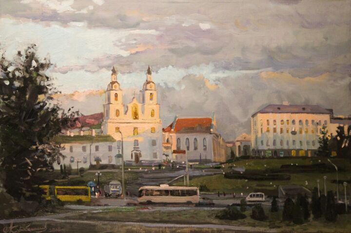 Картина под названием "Закатный луч над Не…" - Aleksey Korabelnikov, Подлинное произведение искусства, Масло