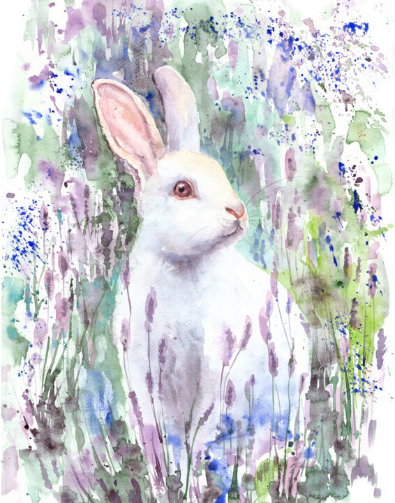 Painting titled "White Rabbit in lav…" by Alena Masterkova, Original Artwork, Watercolor