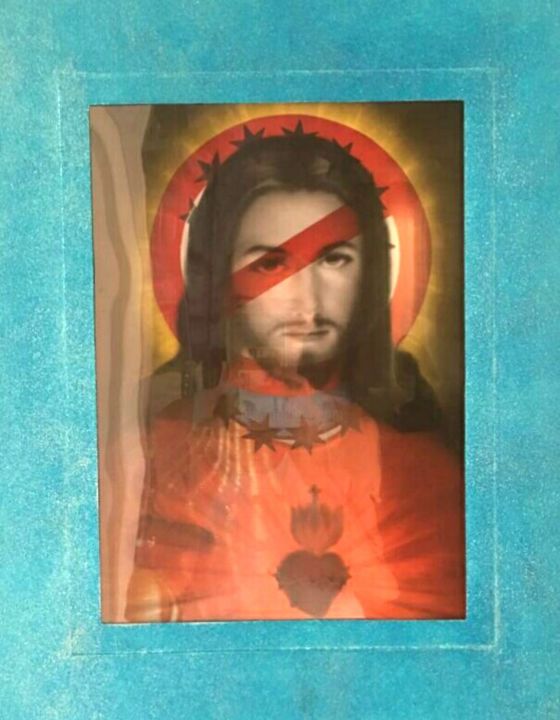 Collages getiteld "Jesus Interdetto" door Alessio Brugnoli Colors, Origineel Kunstwerk, Collages Gemonteerd op Andere stijve…