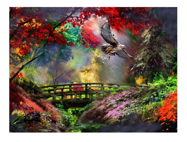 Painting titled "Flying a forest hawk" by Alex Bel, Original Artwork, Oil