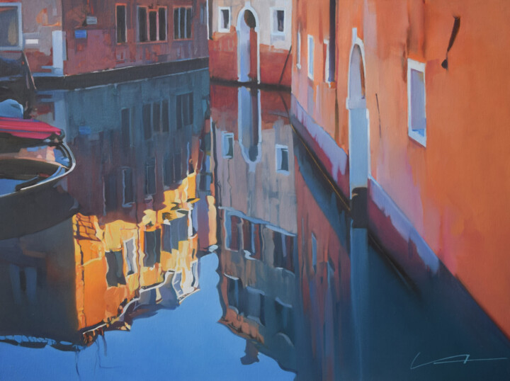 Painting titled ""A Corner of Venice"" by Alex Chernigin, Original Artwork, Oil Mounted on Wood Stretcher frame