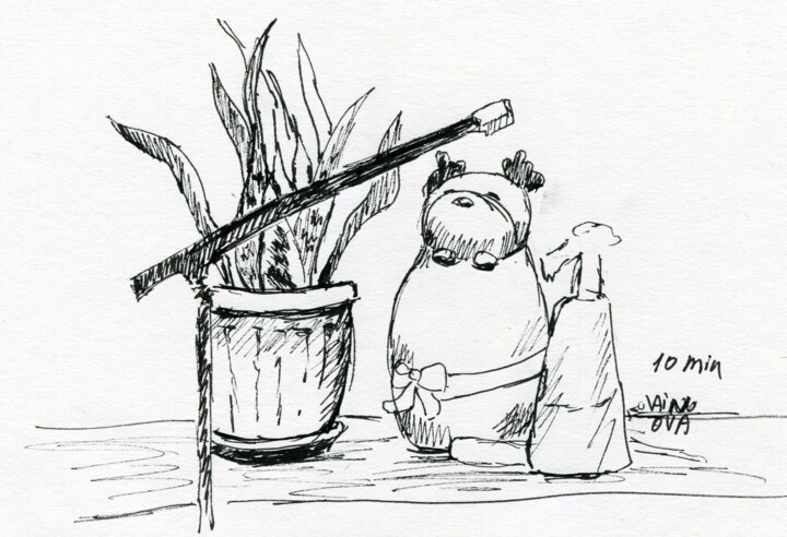Drawing titled "a plant and a toy.…" by Alex Vainova, Original Artwork, Ink