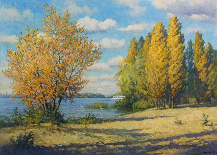 Painting titled "Осенний Днепр. Пляж" by Aleksandr Kusenko, Original Artwork, Oil