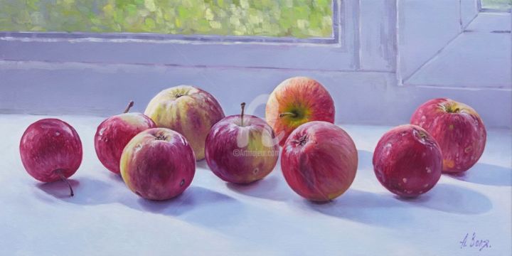 Painting titled "Apples on the window" by Alexander Volya, Original Artwork, Oil