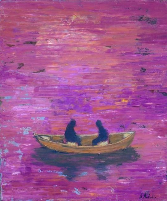 Schilderij getiteld "Two in a Boat" door Alexander Antadze, Origineel Kunstwerk, Olie