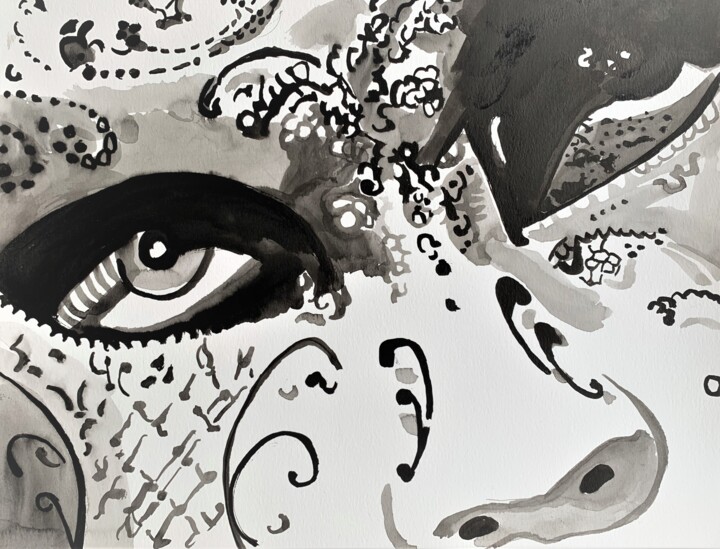 Drawing titled "Venetian mask " by Alexandra Djokic, Original Artwork, Ink