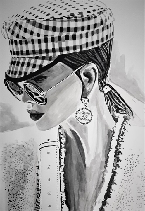 Drawing titled "Girl with sunglasse…" by Alexandra Djokic, Original Artwork, Ink