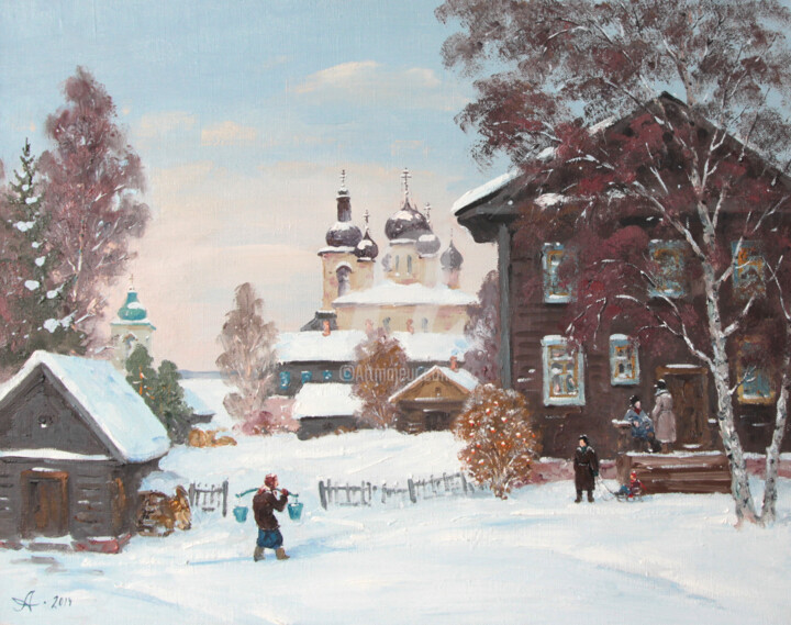 Schilderij getiteld "Goritsy Village" door Alexander Alexandrovsky, Origineel Kunstwerk, Olie