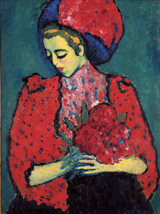 Schilderij getiteld "Jeune femme aux piv…" door Alexej Von Jawlensky, Origineel Kunstwerk, Olie