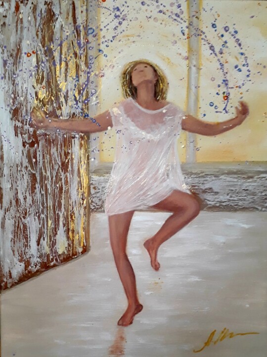「Let's dance」というタイトルの絵画 Alla Kosteleckayaによって, オリジナルのアートワーク, アクリル ウッドストレッチャーフレームにマウント
