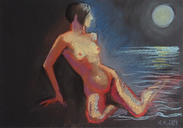 Disegno intitolato "Night Swim" da Alfia Kircheva, Opera d'arte originale, Pastello
