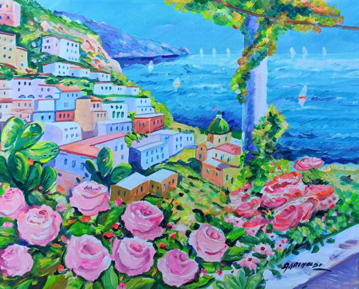 제목이 "Amalfi Coast"인 미술작품 Alfredo Grimaldi로, 원작, 기름 기타 단단한 패널에 장착됨