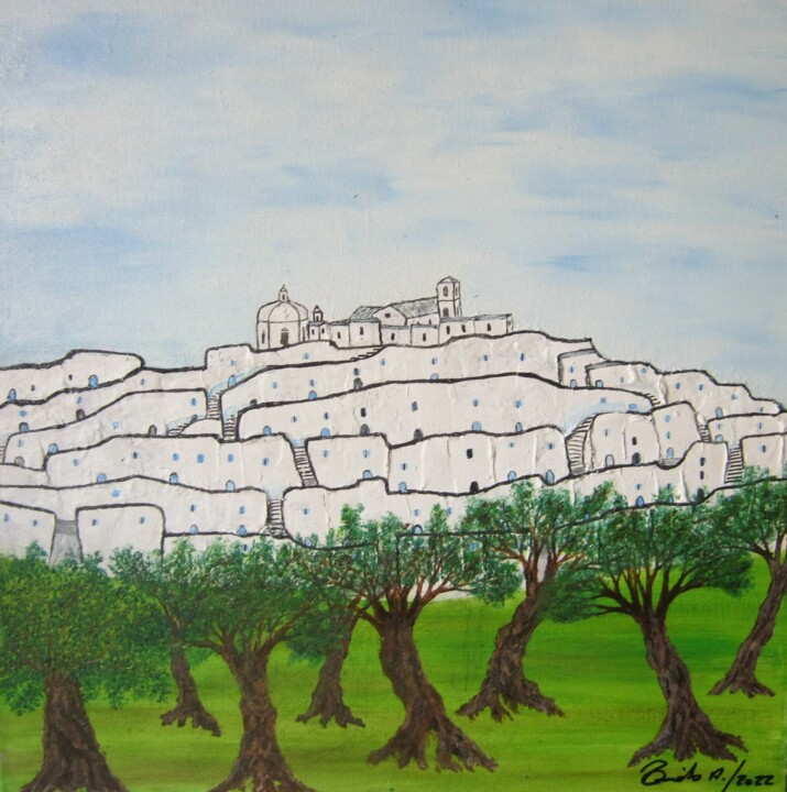 Painting titled "OSTUNI TRA GLI OLIV…" by Alfredo Troilo, Original Artwork, Oil