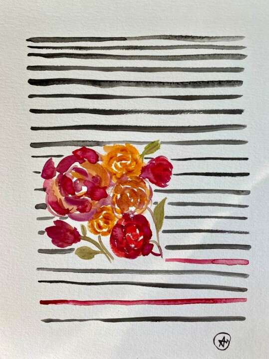Peinture intitulée "Stripes & Roses 2" par Alice Debernard, Œuvre d'art originale, Aquarelle