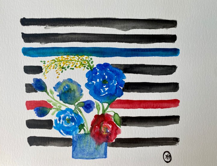 Peinture intitulée "Stripes & Roses 3" par Alice Debernard, Œuvre d'art originale, Aquarelle