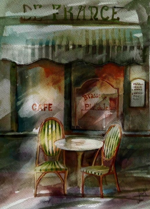 Painting titled "Green cafe1" by Alina Matykiewicz, Original Artwork, Watercolor