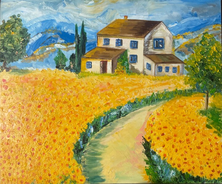 Painting titled "Sunflowers fields" by Alina Morozova, Original Artwork, Oil Mounted on Cardboard