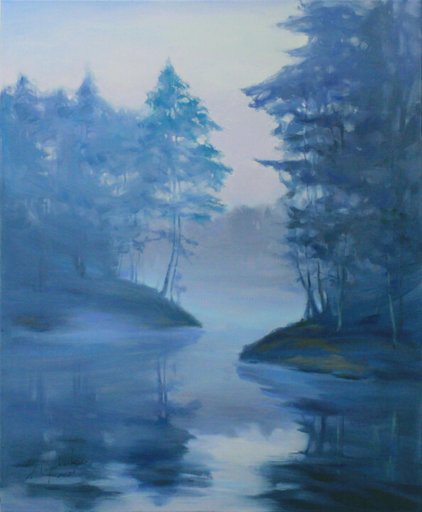 Painting titled "Blue fog" by Alisa Onipchenko-Cherniakovska, Original Artwork, Oil Mounted on Wood Stretcher frame