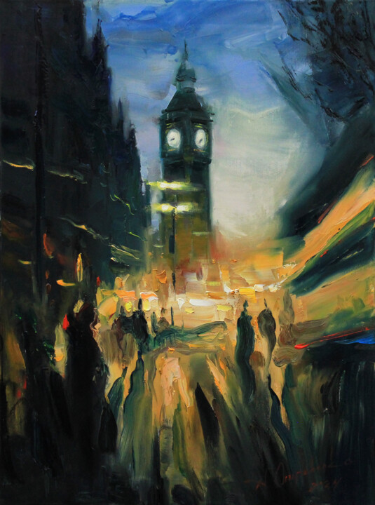 Painting titled "Evening time" by Alisa Onipchenko-Cherniakovska, Original Artwork, Oil Mounted on Wood Stretcher frame