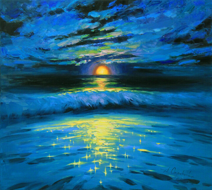 Painting titled "Moonrise in blue" by Alisa Onipchenko-Cherniakovska, Original Artwork, Oil Mounted on Wood Stretcher frame