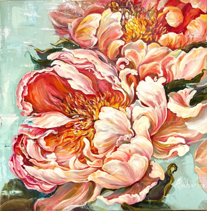 Painting titled "Pink peony" by Alla Badsar, Original Artwork, Oil