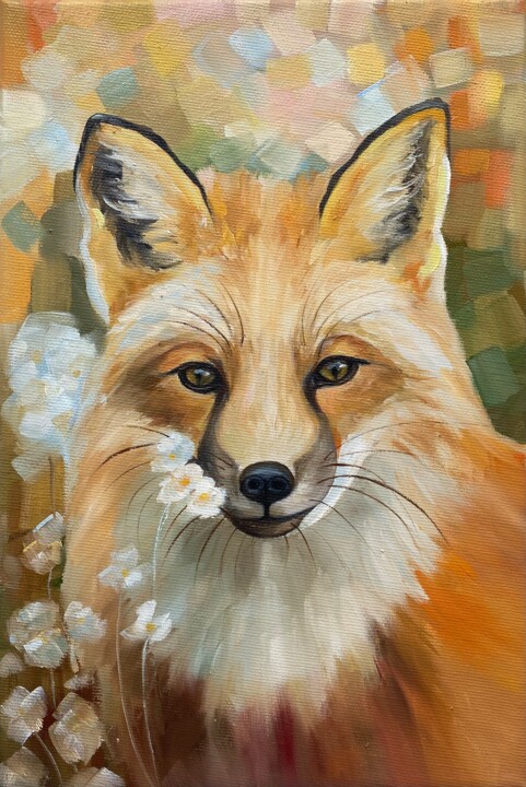 Pintura intitulada "Fox in flowers" por Alla Kyzymenko, Obras de arte originais, Óleo