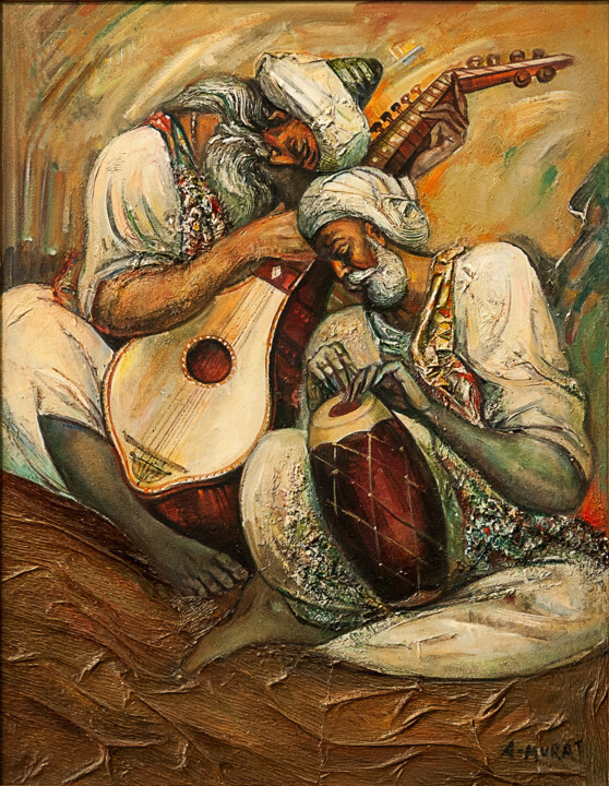 Painting titled "Duet of two musicia…" by Allamyrat Muhammedov, Original Artwork, Oil