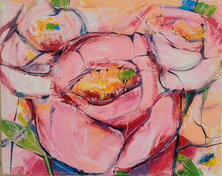 「pink flowers abstra…」というタイトルの絵画 Skorokhoartによって, オリジナルのアートワーク, オイル