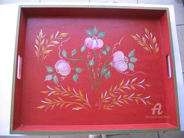 Artesanía titulada "gd plateau rouge fl…" por Claudette Allosio, Obra de arte original, Decoración del hogar