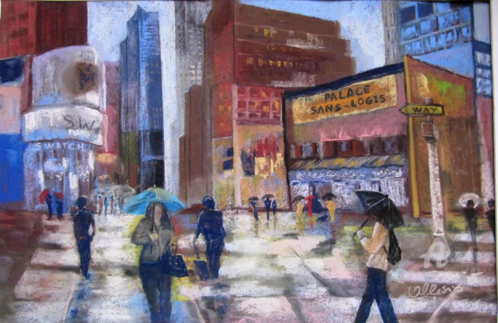 Schilderij getiteld "cITY IN THE RAIN" door Claudette Allosio, Origineel Kunstwerk, Pastel