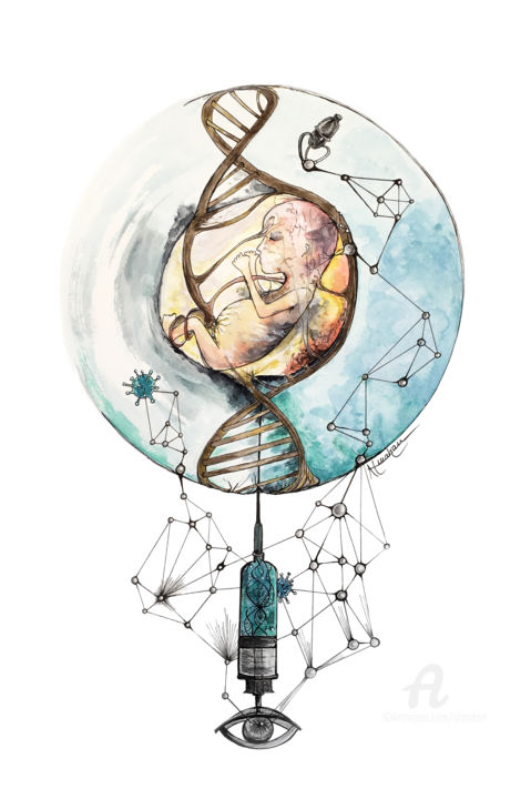 Painting titled "Big Data Baby" by Almakan, Original Artwork, Watercolor