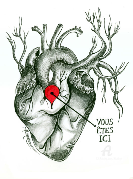 Dessin intitulée "Au coeur" par Almakan, Œuvre d'art originale, Encre
