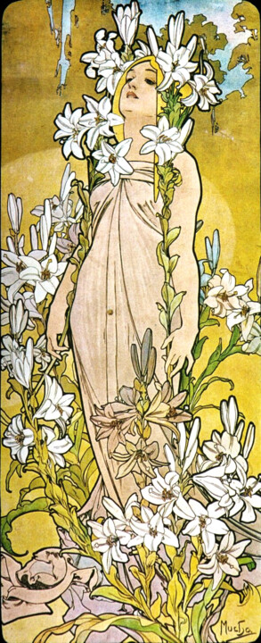 Printmaking titled "Fleurs, "Lys"" by Alphonse Mucha, Original Artwork, Lithography