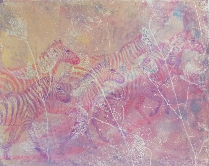 Painting titled "Pink Running Zebras" by Alyona Masterkova, Original Artwork, Acrylic