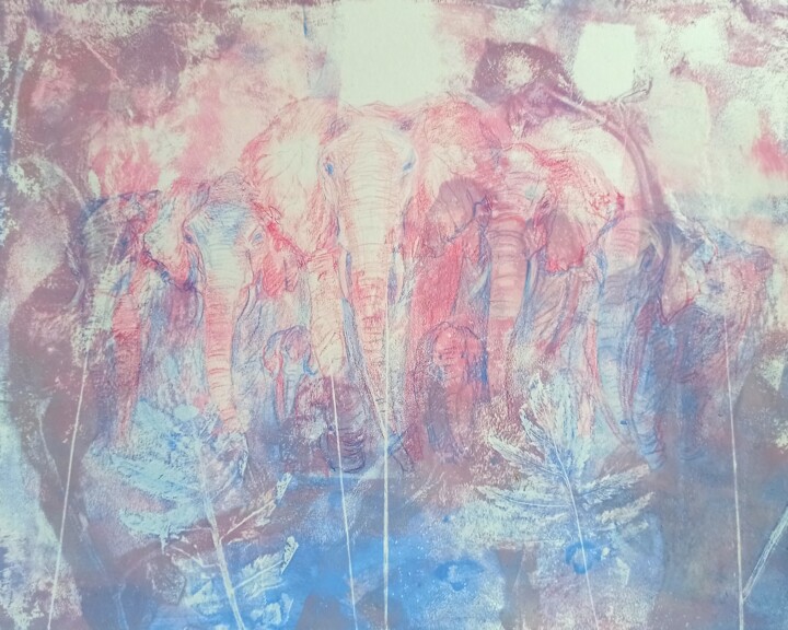 Painting titled "Pink and Blue Eleph…" by Alyona Masterkova, Original Artwork, Acrylic